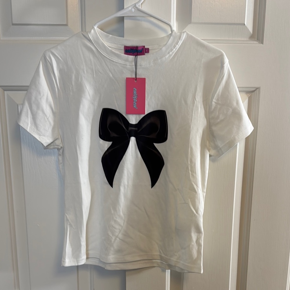Edikted White and Black Short Sleeve Tee with Bow